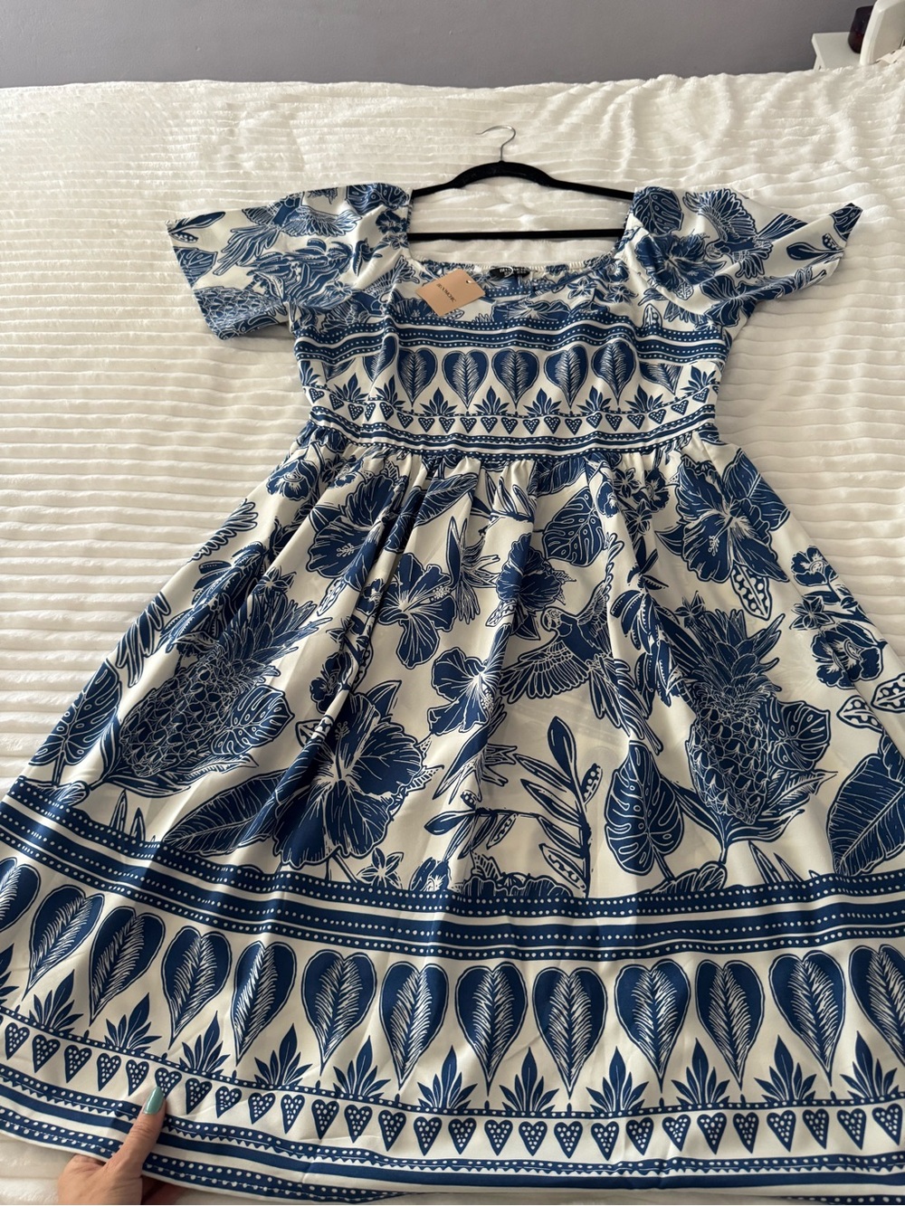 Women’s Tropical Blue and White Floral Fit-and-Flare Dress (With Pockets!)
